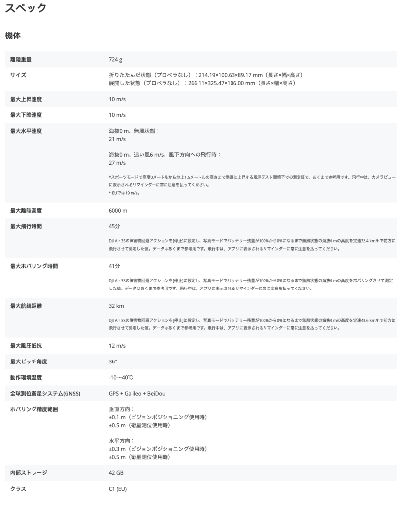 離陸重量
724 g
サイズ
折りたたんだ状態（プロペラなし）：214.19×100.63×89.17 mm（長さ×幅×高さ）
展開した状態（プロペラなし）：266.11×325.47×106.00 mm（長さ×幅×高さ）
最大上昇速度
10 m/s
最大下降速度
10 m/s
最大水平速度
海抜0 m、無風状態：
21 m/s

海抜0 m、追い風6 m/s、風下方向への飛行時：
27 m/s

*スポーツモードで高度0メートルから地上1.5メートルの高さまで垂直に上昇する風洞テスト環境下での測定値で、あくまで参考用です。飛行中は、カメラビューに表示されるリマインダーに常に注意を払ってください。
* EUでは19 m/s。
最大離陸高度
6000 m
最大飛行時間
45分

DJI Air 3Sの障害物回避アクションを[停止]に設定し、写真モードでバッテリー残量が100%から0%になるまで無風状態の海抜0 mの高度を定速32.4 km/hで前方に飛行させて測定した値。データはあくまで参考用です。飛行中は、アプリに表示されるリマインダーに常に注意を払ってください。
最大ホバリング時間
41分

DJI Air 3Sの障害物回避アクションを[停止]に設定し、写真モードでバッテリー残量が100%から0%になるまで無風状態の海抜0 mの高度をホバリングさせて測定した値。データはあくまで参考用です。飛行中は、アプリに表示されるリマインダーに常に注意を払ってください。
最大航続距離
32 km

DJI Air 3Sの障害物回避アクションを[停止]に設定し、写真モードでバッテリー残量が100%から0%になるまで無風状態の海抜0 mの高度を定速48.6 km/hで前方に飛行させて測定した値。データはあくまで参考用です。飛行中は、アプリに表示されるリマインダーに常に注意を払ってください。
最大風圧抵抗
12 m/s
最大ピッチ角度
36°
動作環境温度
-10～40℃
全球測位衛星システム(GNSS)
GPS + Galileo + BeiDou
ホバリング精度範囲
垂直方向：
±0.1 m（ビジョンポジショニング使用時）
±0.5 m（衛星測位使用時）

水平方向：
±0.3 m（ビジョンポジショニング使用時）
±0.5 m（衛星測位使用時）
内部ストレージ
42 GB
クラス
C1 (EU)